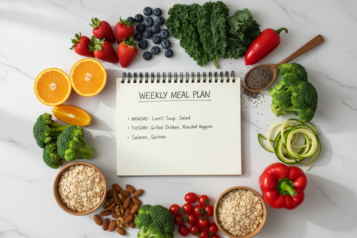 Flat lay de vegetales frescos, frutas y cuaderno de plan de comidas saludables